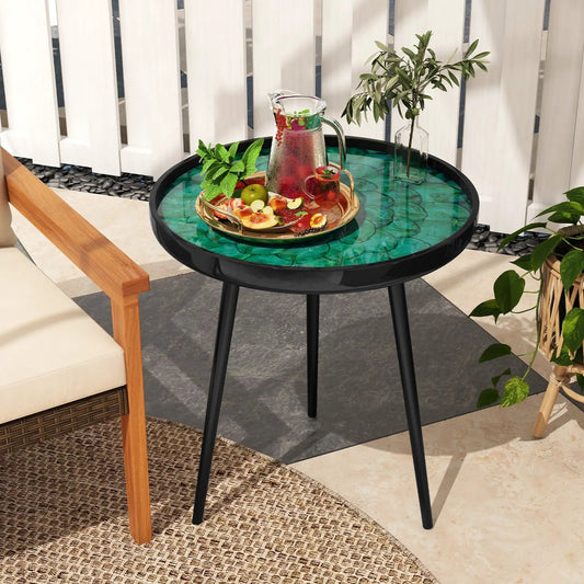 Sea Shell End Table with Tray Top, DirectDeals, teal glass top, black legs on Tampa Home & Garden Store