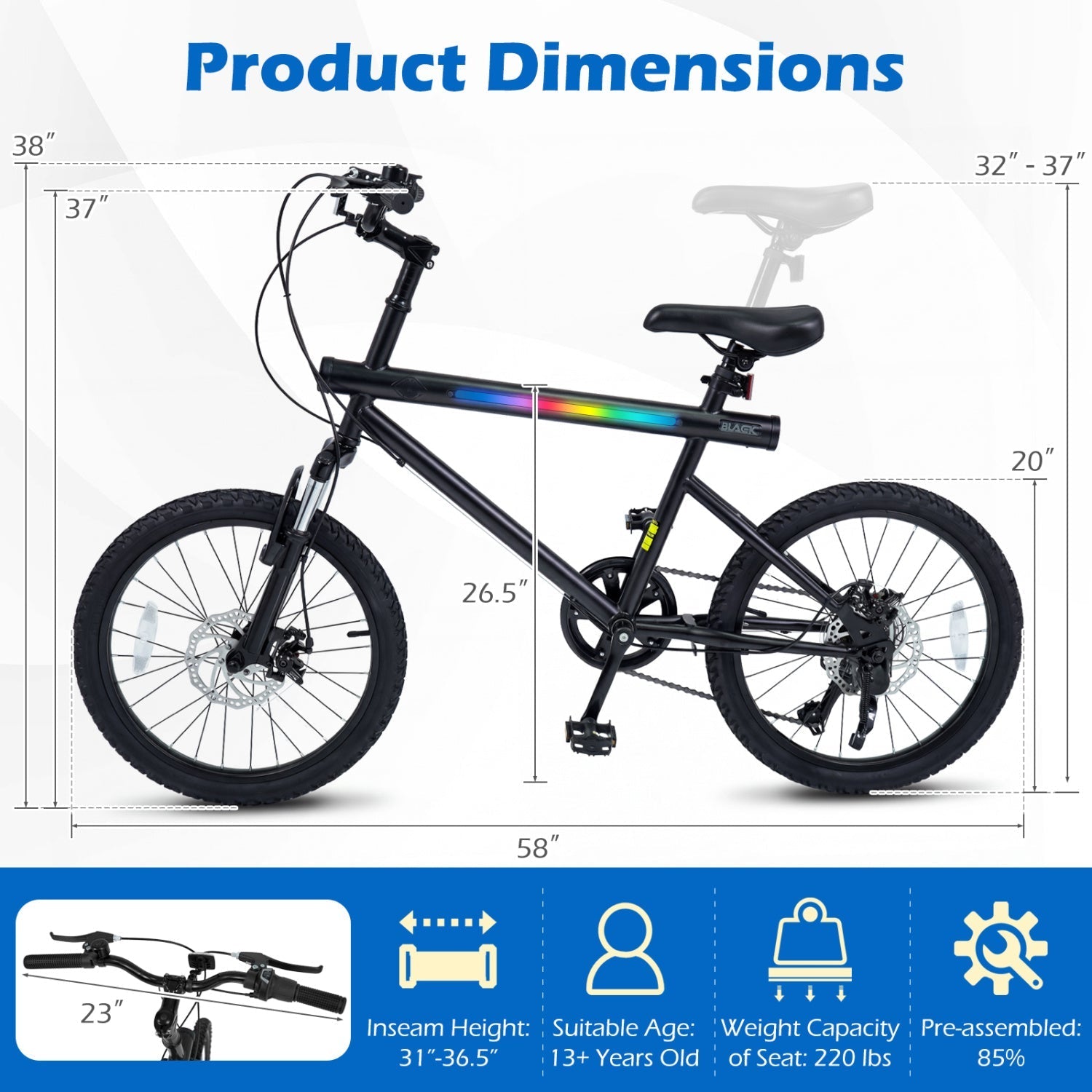 GemGear 20in commuter bicycle with LED rainbow top tube, 6-speed Shimano twist, stereo speakers on Tampa Home & Garden Store