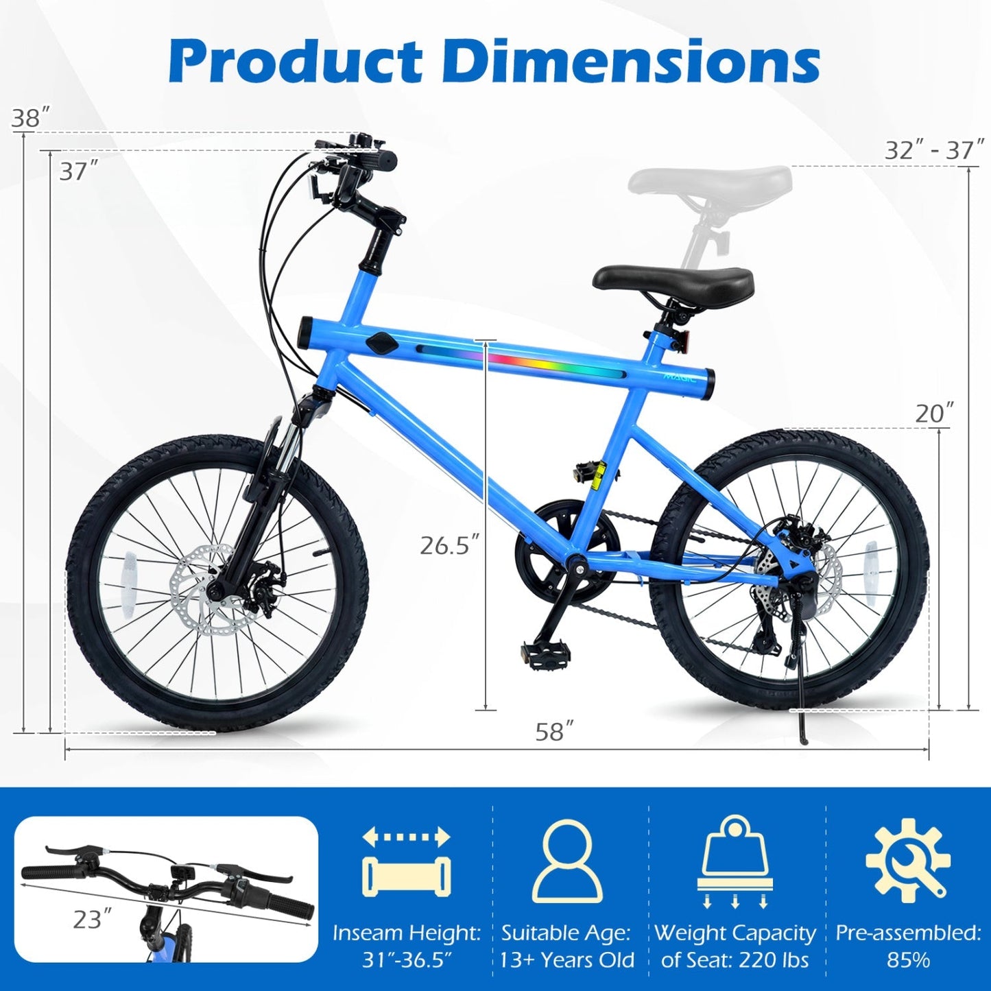 GemGear 20-inch blue commuter bike with LED lighting, 6-speed Shimano twist shifter, stereo speakers on Tampa Home & Garden Store