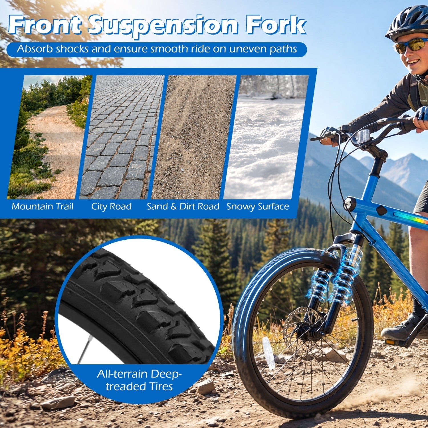 GemGear 20-Inch blue commuter bike with front suspension, 6-speed twist, stereo speakers on Tampa Home & Garden Store