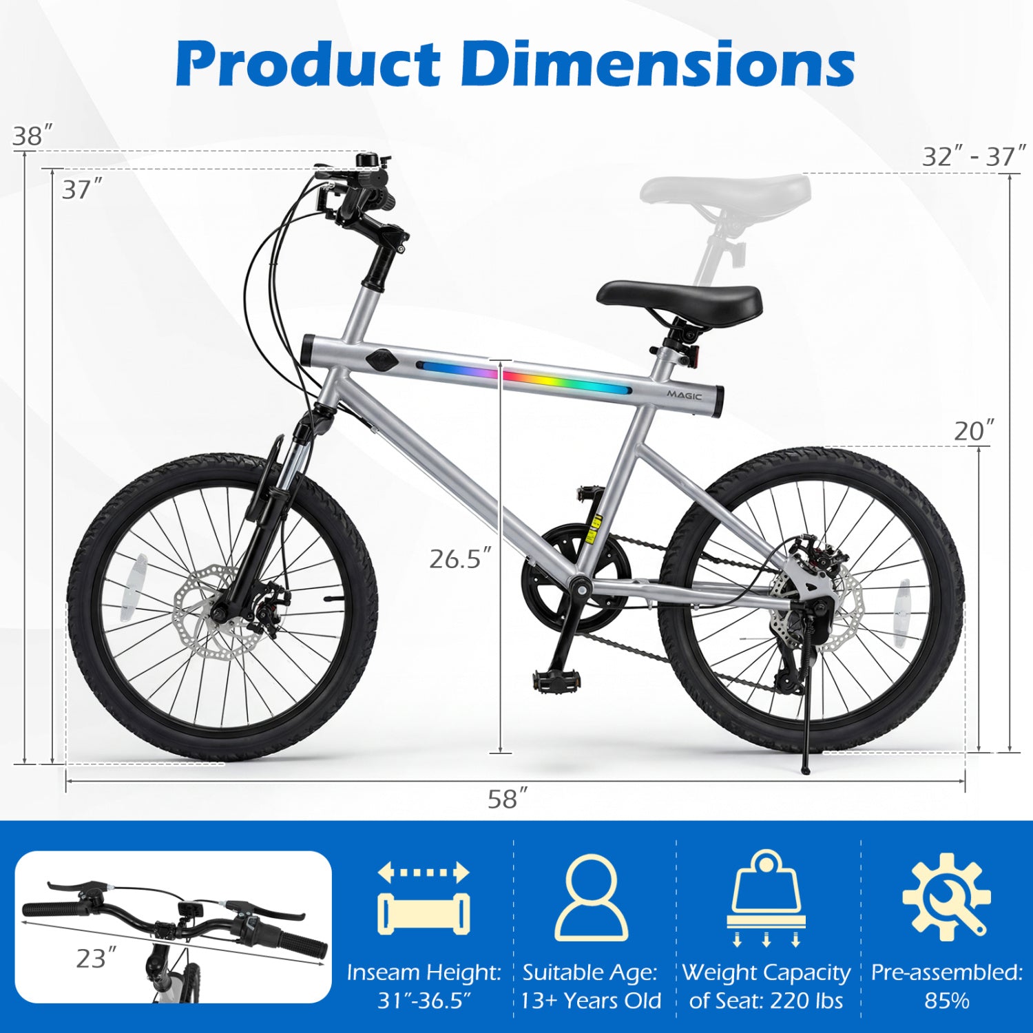 GemGear 20-inch commuter bicycle with LED lights, 6-speed Shimano twist shifting, speakers on Tampa Home & Garden Store