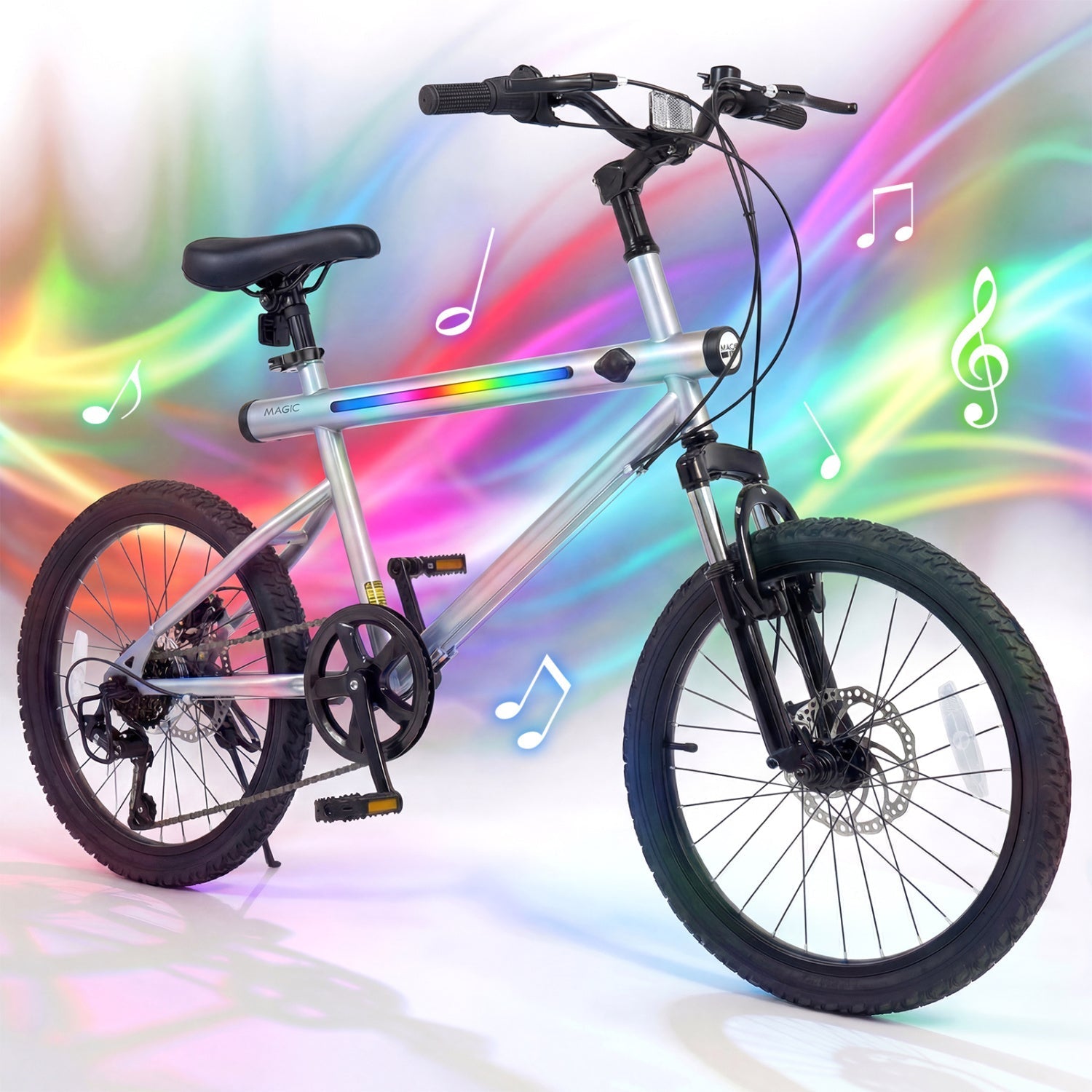 20-Inch GemGear commuter bicycle with silver LED frame, 6-speed Shimano stereo speakers on Tampa Home & Garden Store