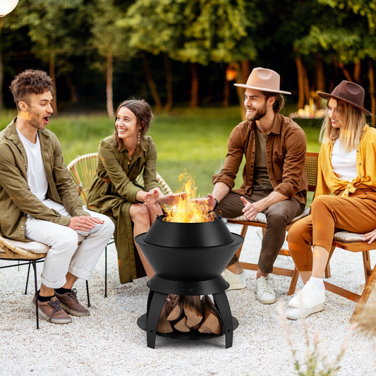 GemGear 20-inch black metal patio fire pit with pot holder and storage shelf on Tampa Home & Garden Store