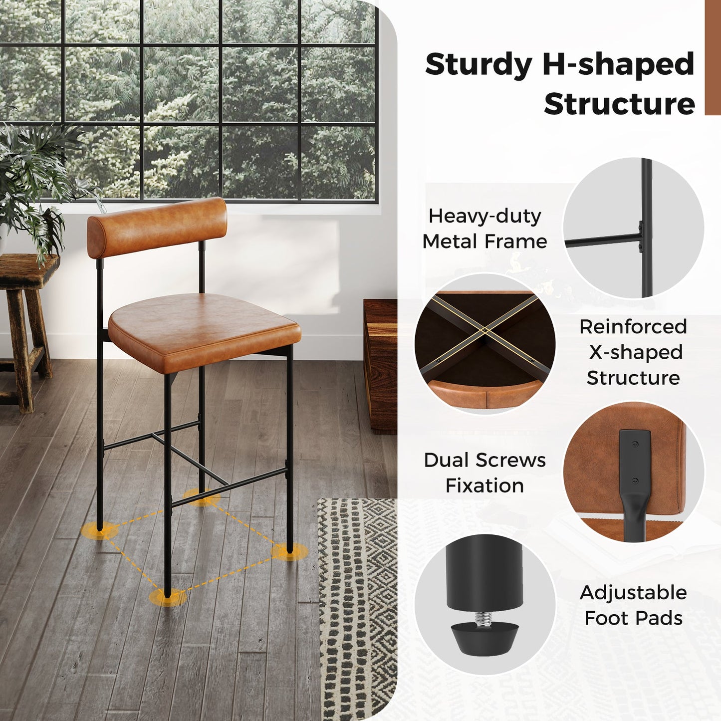 20 Inch Upholstered Bar Stools Set of 2 Counter Height Bar Chairs with  Backrest-Brown