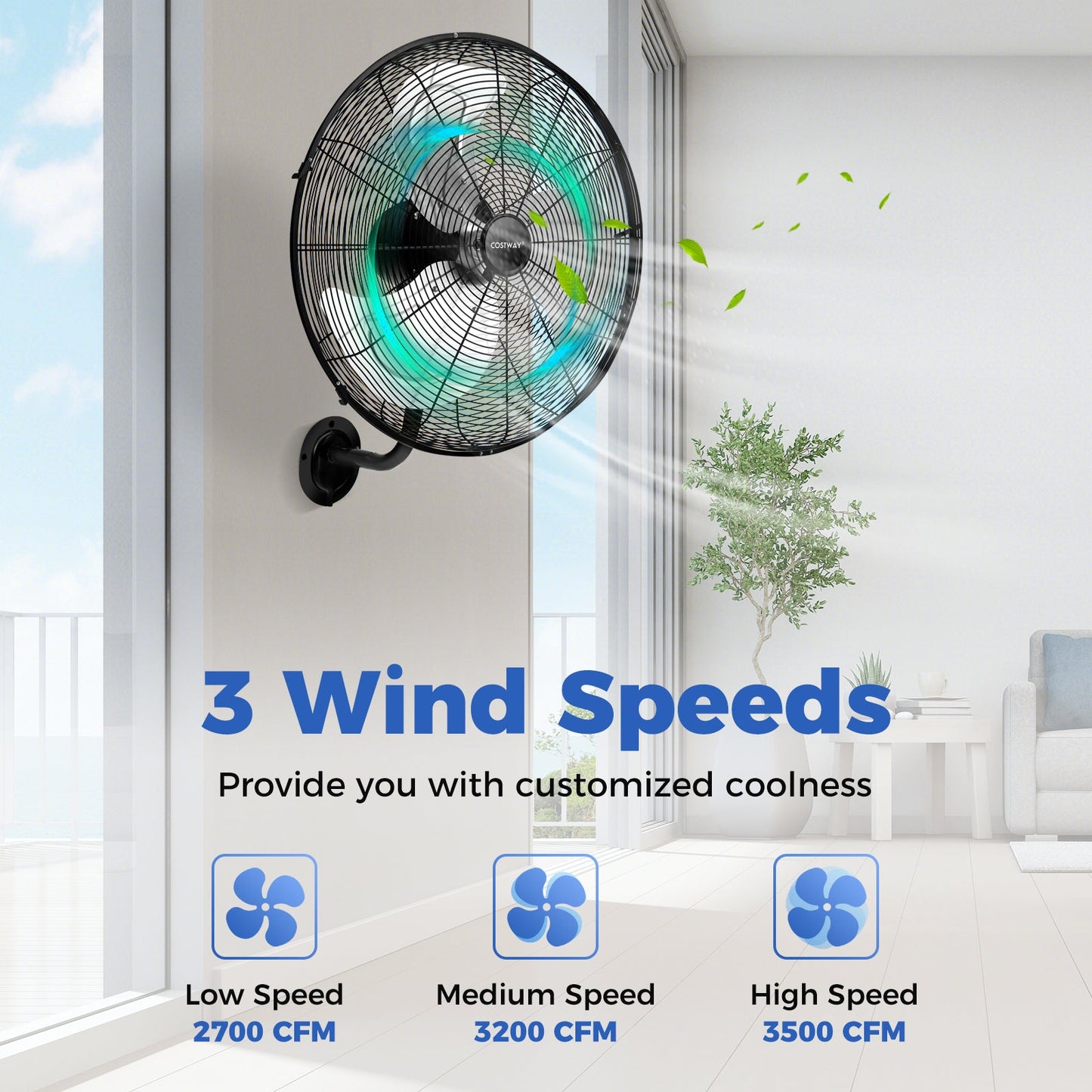 Ventilador de pared de 20 pulgadas con 3 velocidades y cabezal inclinable ajustable - Negro