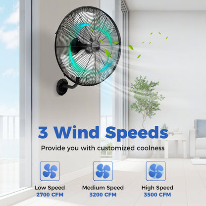 Ventilador de pared de 20 pulgadas con 3 velocidades y cabezal inclinable ajustable - Negro