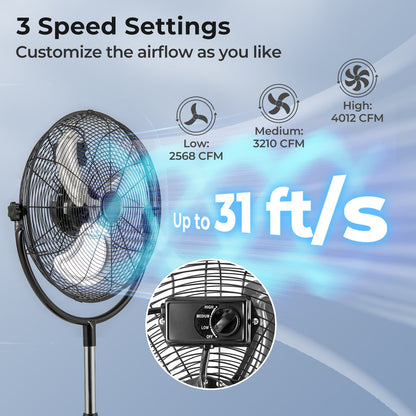 Ventilador de Pedestal de Alta Velocidad de 18 Pulgadas con 3 Velocidades y Altura Ajustable - Negro