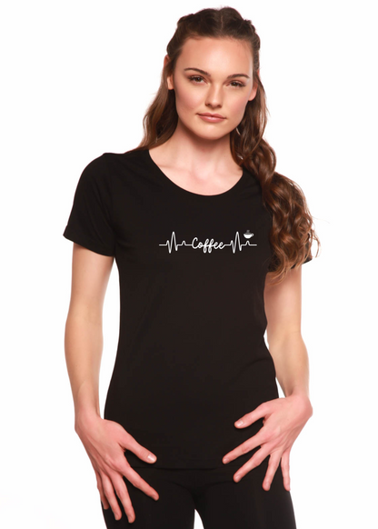 Heartbeat Coffee printed women's bamboo/cotton short sleeve scoop neck t-shirt, black graphic on Tampa Home & Garden Store
