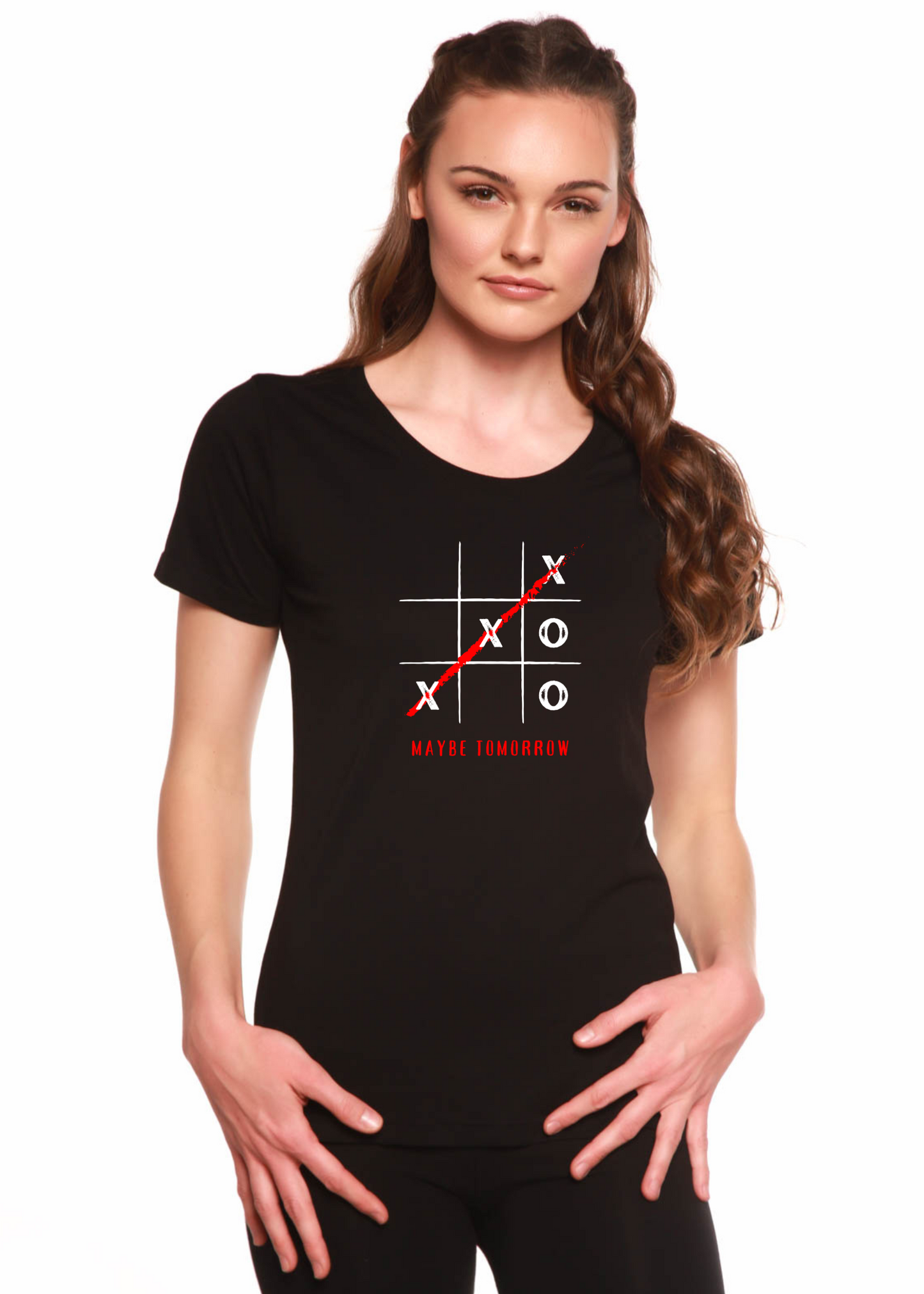 Women's black scoop-neck tee with tic-tac-toe grid and red diagonal cross MAYBE TOMORROW text on Tampa Home & Garden Store