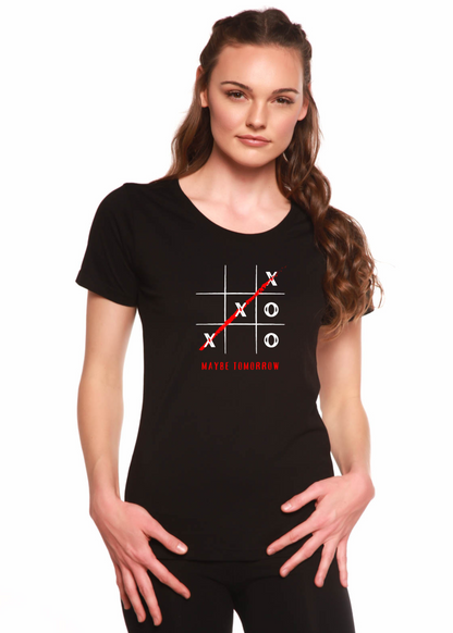 Women's black scoop-neck tee with tic-tac-toe grid and red diagonal cross MAYBE TOMORROW text on Tampa Home & Garden Store