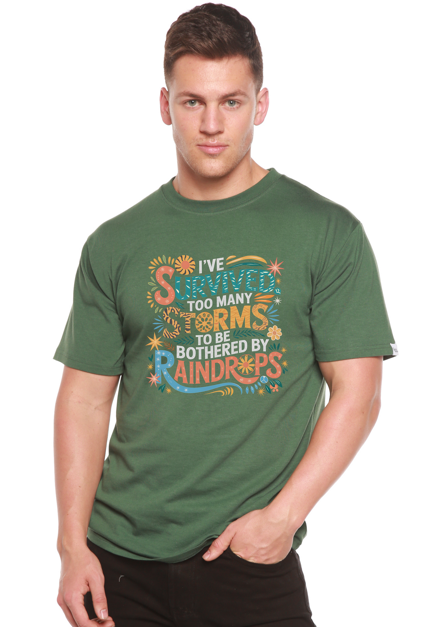 I've Survived Too Many Storms unisex bamboo/cotton graphic tee with storm motif on green on Tampa Home & Garden Store