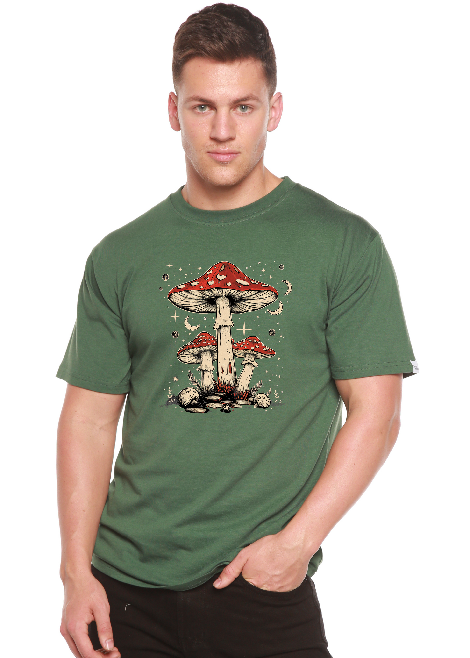 Mens printed Boho Retro Hippie Mushrooms graphic T-shirt in green bamboo/cotton by Spun Bamboo on Tampa Home & Garden Store