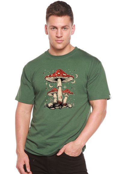 Mens printed Boho Retro Hippie Mushrooms graphic T-shirt in green bamboo/cotton by Spun Bamboo on Tampa Home & Garden Store