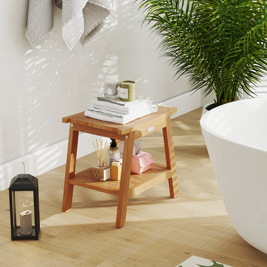 20 Inches Teak Wood Shower Bench with Storage Shelf and Adjustable Foot Pads - Tampa Home & Garden Store