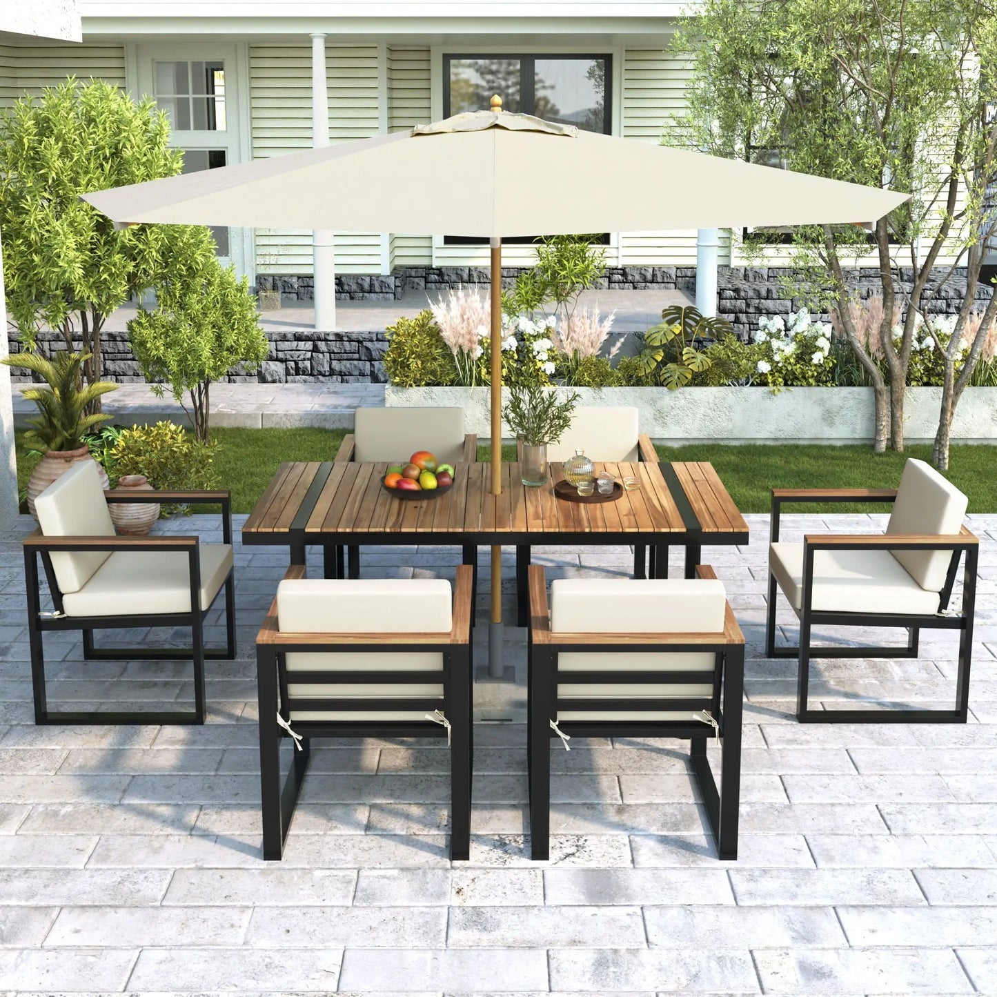 7-piece outdoor dining set with wood slat table, beige removable cushions on chairs, and a large beige umbrella on Tampa Home & Garden Store