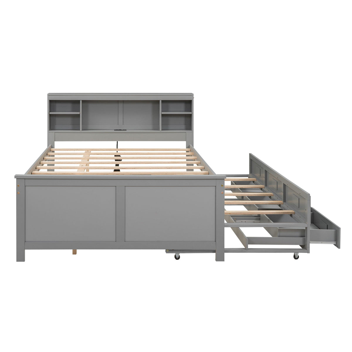 HouseOfZazla gray platform bed with storage headboard, 3 drawers and pull-out trundle on Tampa Home & Garden Store