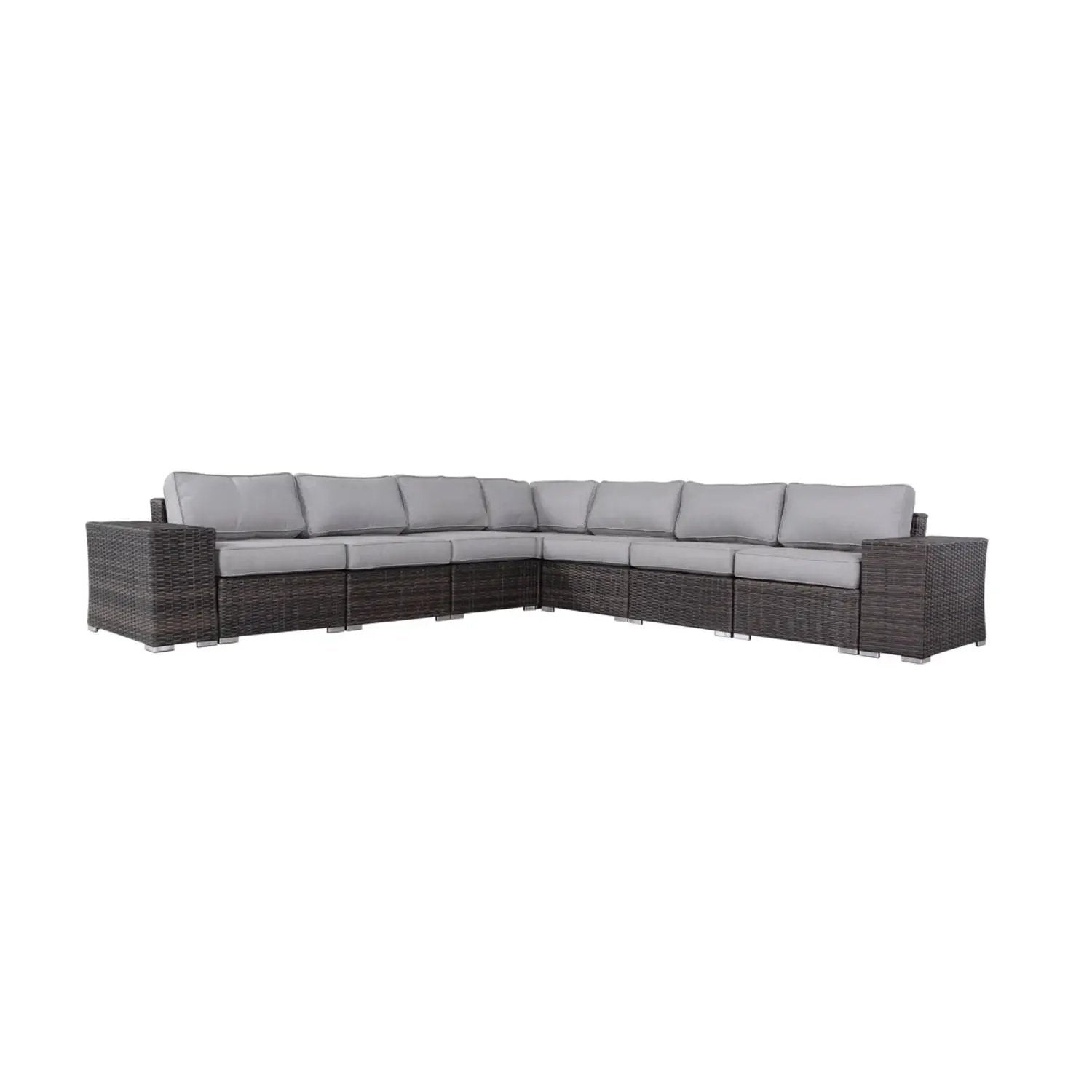 Rattan sectional sofa set with cushions, brown wicker, light gray cushions, stationary on Tampa Home & Garden Store