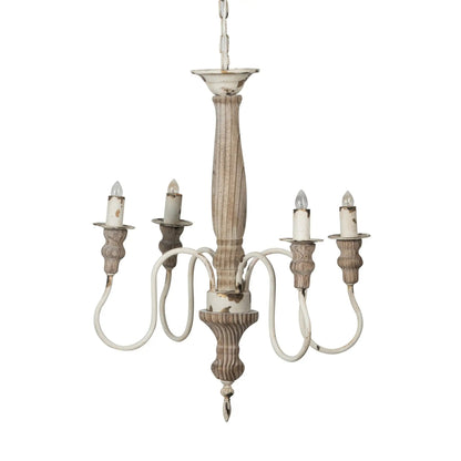4 Light Chandelier cream white distressed finish with candle bulbs and carved wood column on Tampa Home & Garden Store