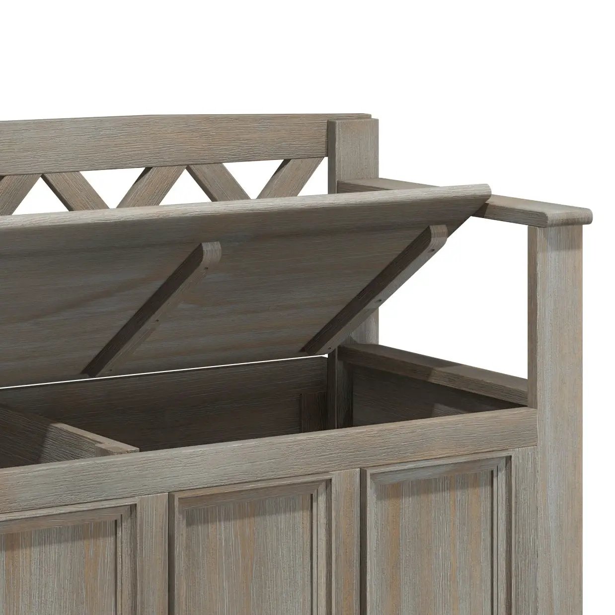 Amherst Handcrafted Entryway Storage Bench in weathered gray wood with lift-top lid on Tampa Home & Garden Store