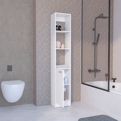 White linen cabinet with adjustable shelves, 1 door, 6 shelves in a modern bathroom on Tampa Home & Garden Store
