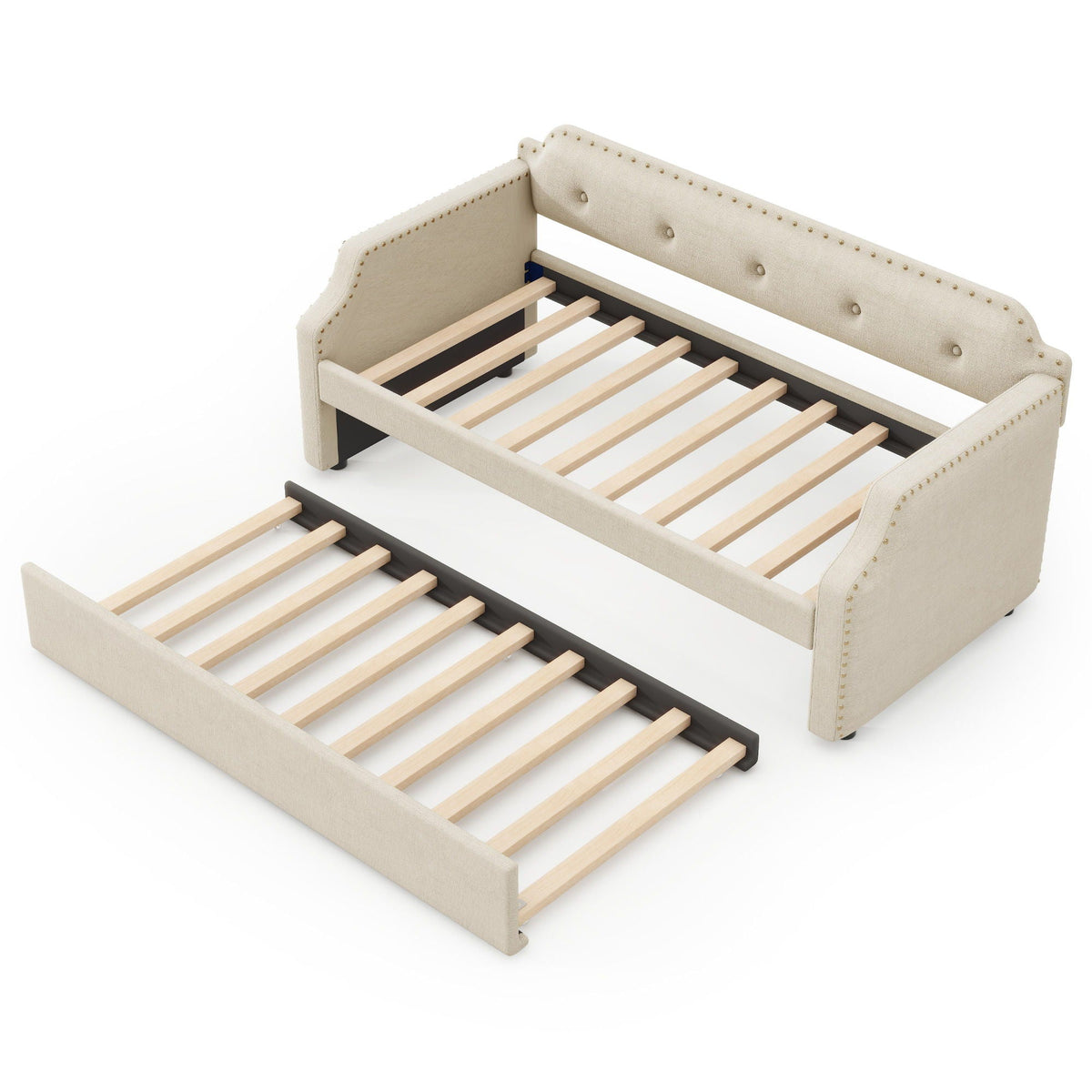 Upholstered daybed with trundle in beige fabric, nailhead trim, wood slats, HouseOfZazla on Tampa Home & Garden Store