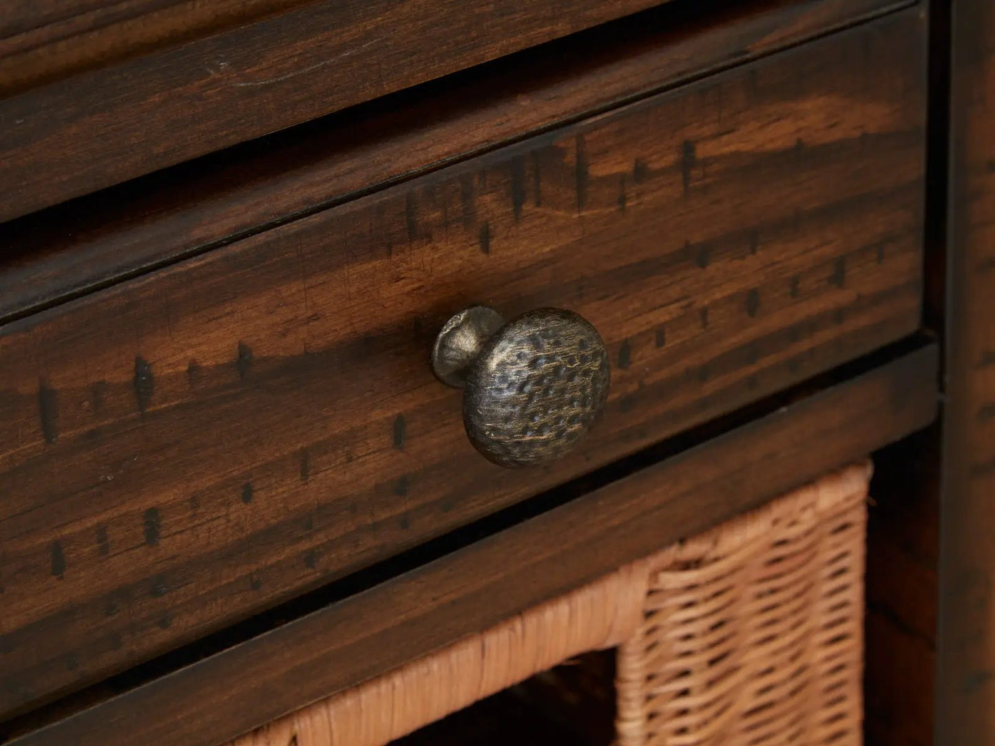 Cottage Lane wood sofa table with coffee finish, drawer with hammered knob and wicker basket on Tampa Home & Garden Store