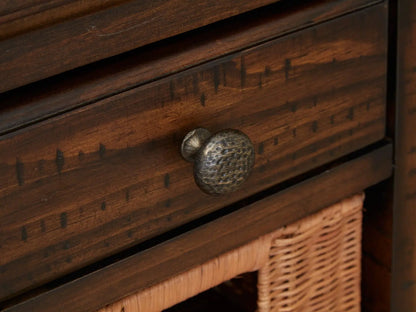 Cottage Lane wood sofa table with coffee finish, drawer with hammered knob and wicker basket on Tampa Home & Garden Store