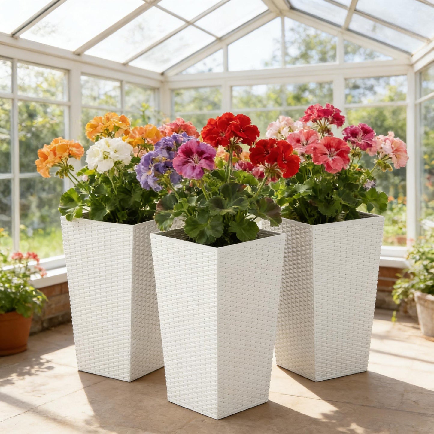 Four tall white wicker planters filled with colorful geraniums in a bright greenhouse on Tampa Home & Garden Store