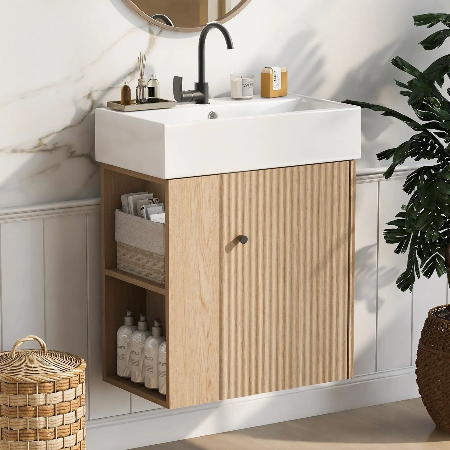 Compact Modern Floating Vanity with Ceramic Basin