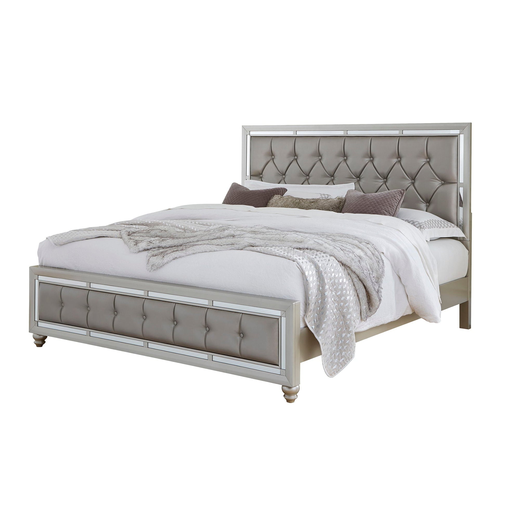 Chloe Elegant Design Panel Bed with tufted gray headboard and mirrored frame on Tampa Home & Garden Store
