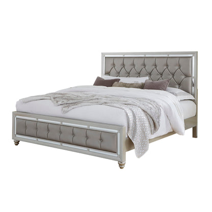 Chloe Elegant Design Panel Bed with tufted gray headboard and mirrored frame on Tampa Home & Garden Store