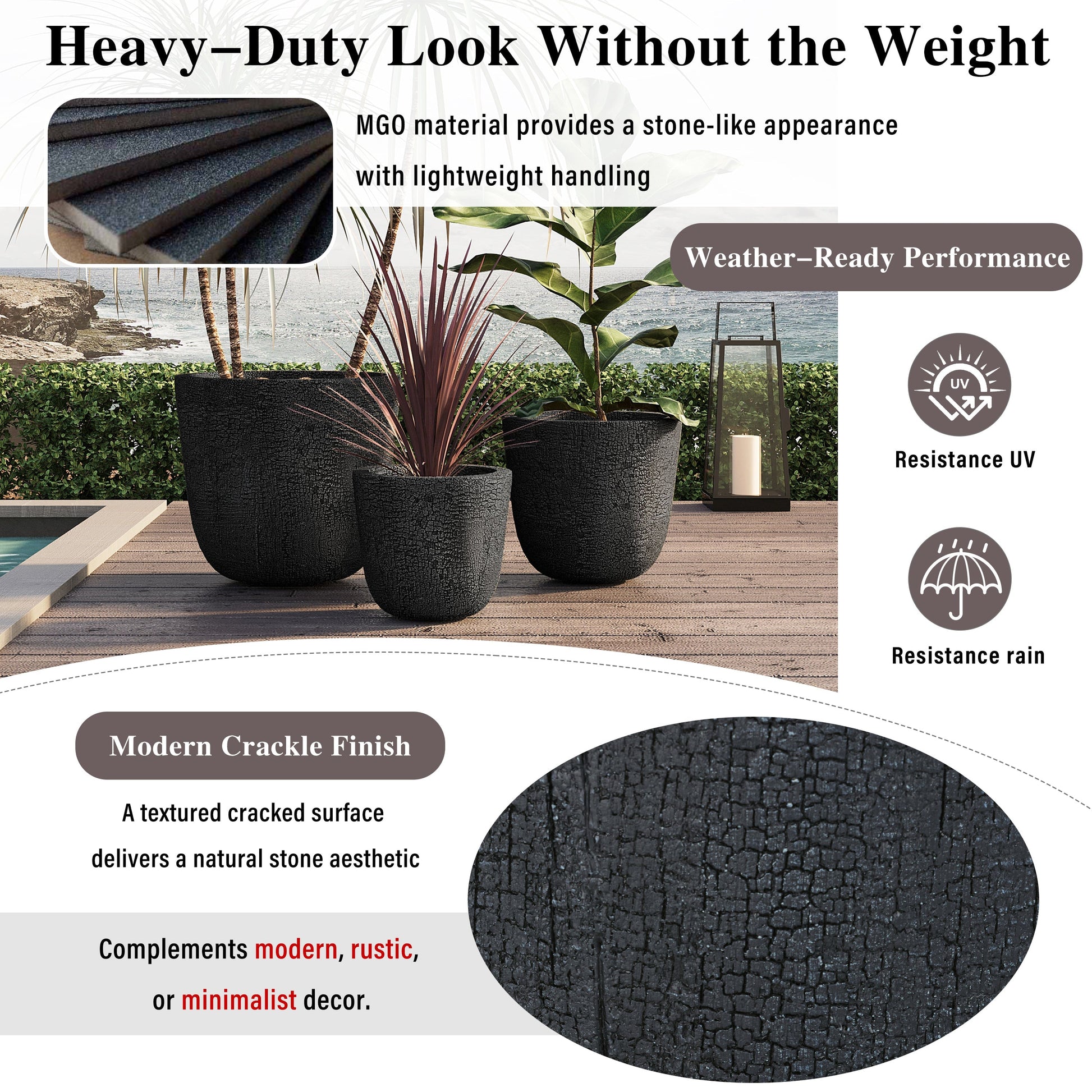 U_STYLE Lightweight MGO Planter Set of 3 by HouseOfZazla in textured black finish on Tampa Home & Garden Store