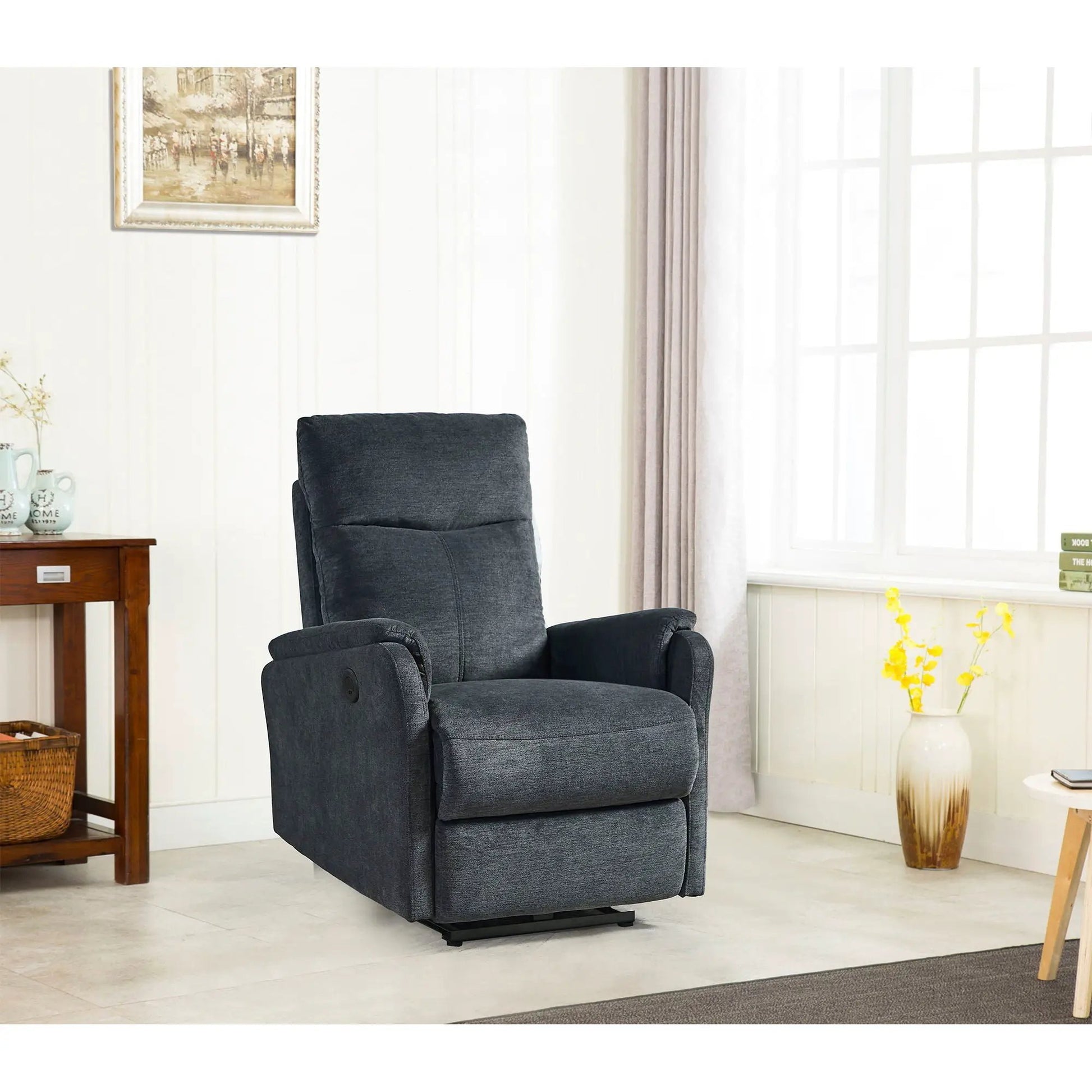 Power reclining chair in dark gray fabric with plush back by Unique Piece Furniture on Tampa Home & Garden Store