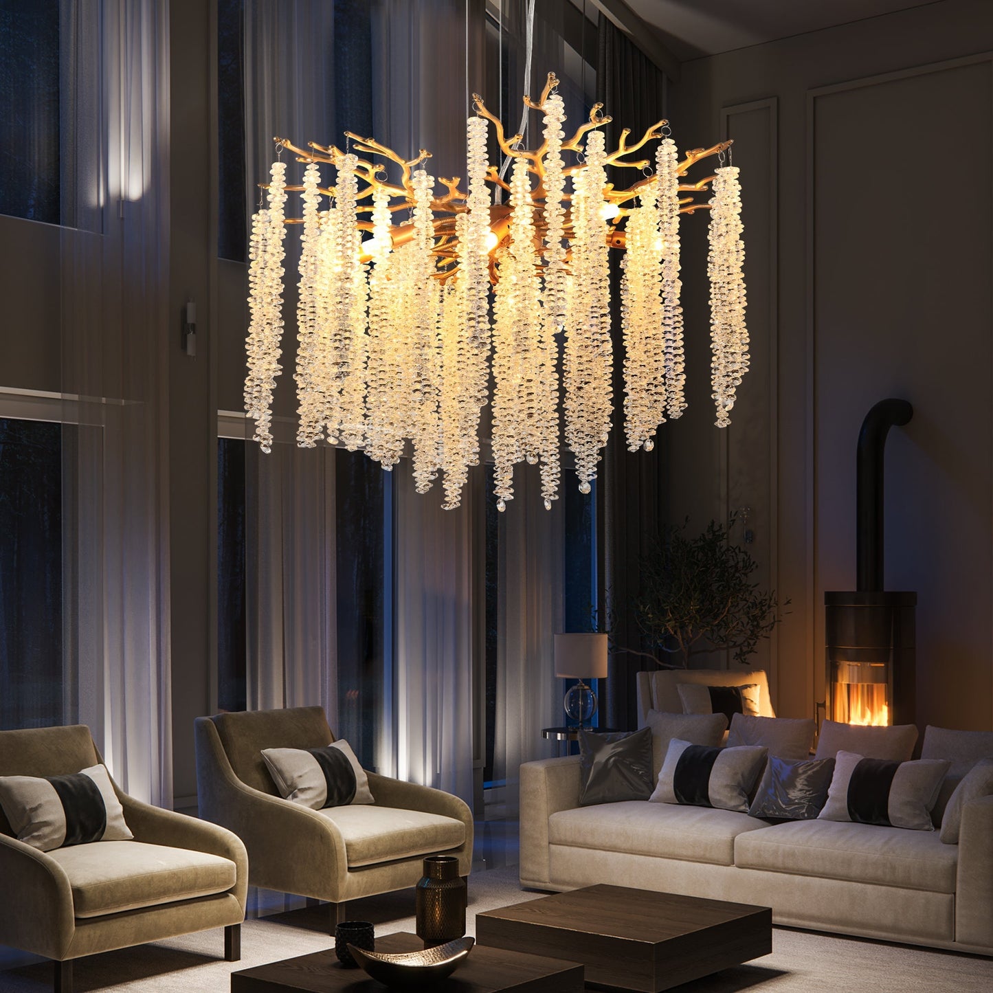 24-inch Modern Golden Pendant Light with Cascading Crystal Strands golden branches and crystals on Tampa Home & Garden Store