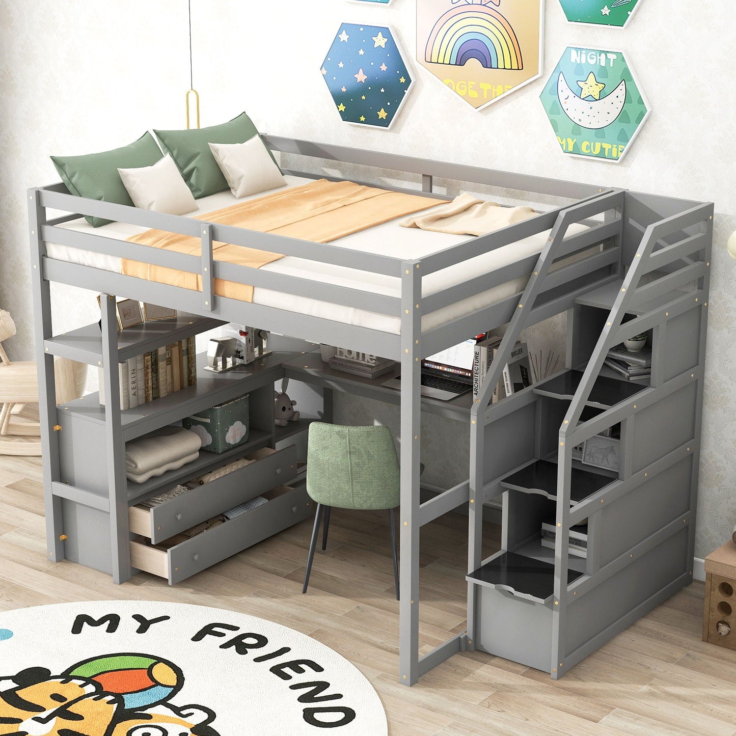 Gray loft bed with integrated desk, shelves, and storage staircase; includes two drawers on Tampa Home & Garden Store