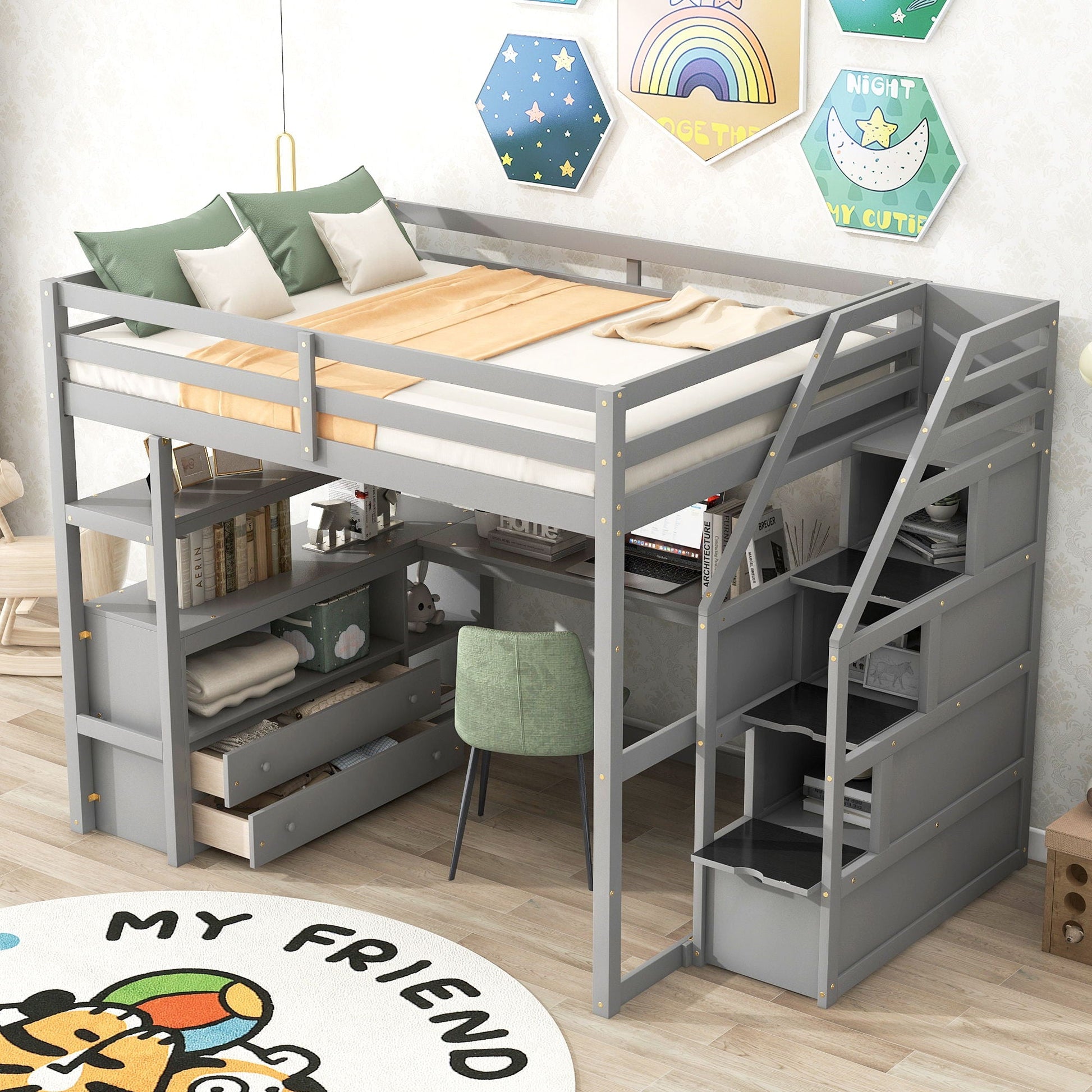Gray loft bed with integrated desk, shelves, and storage staircase; includes two drawers on Tampa Home & Garden Store