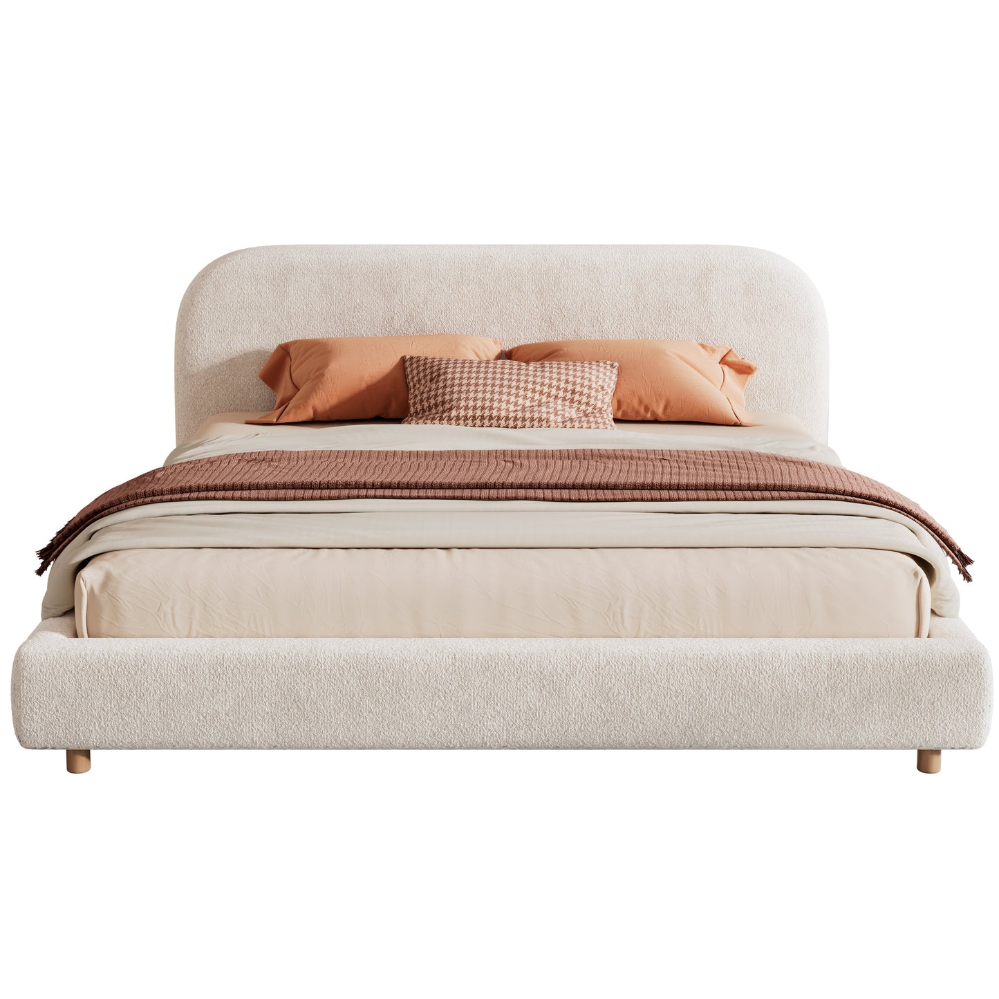 California King Upholstered Bed with Boucle Fabric and Curved Headboard beige HouseOfZazla on Tampa Home & Garden Store