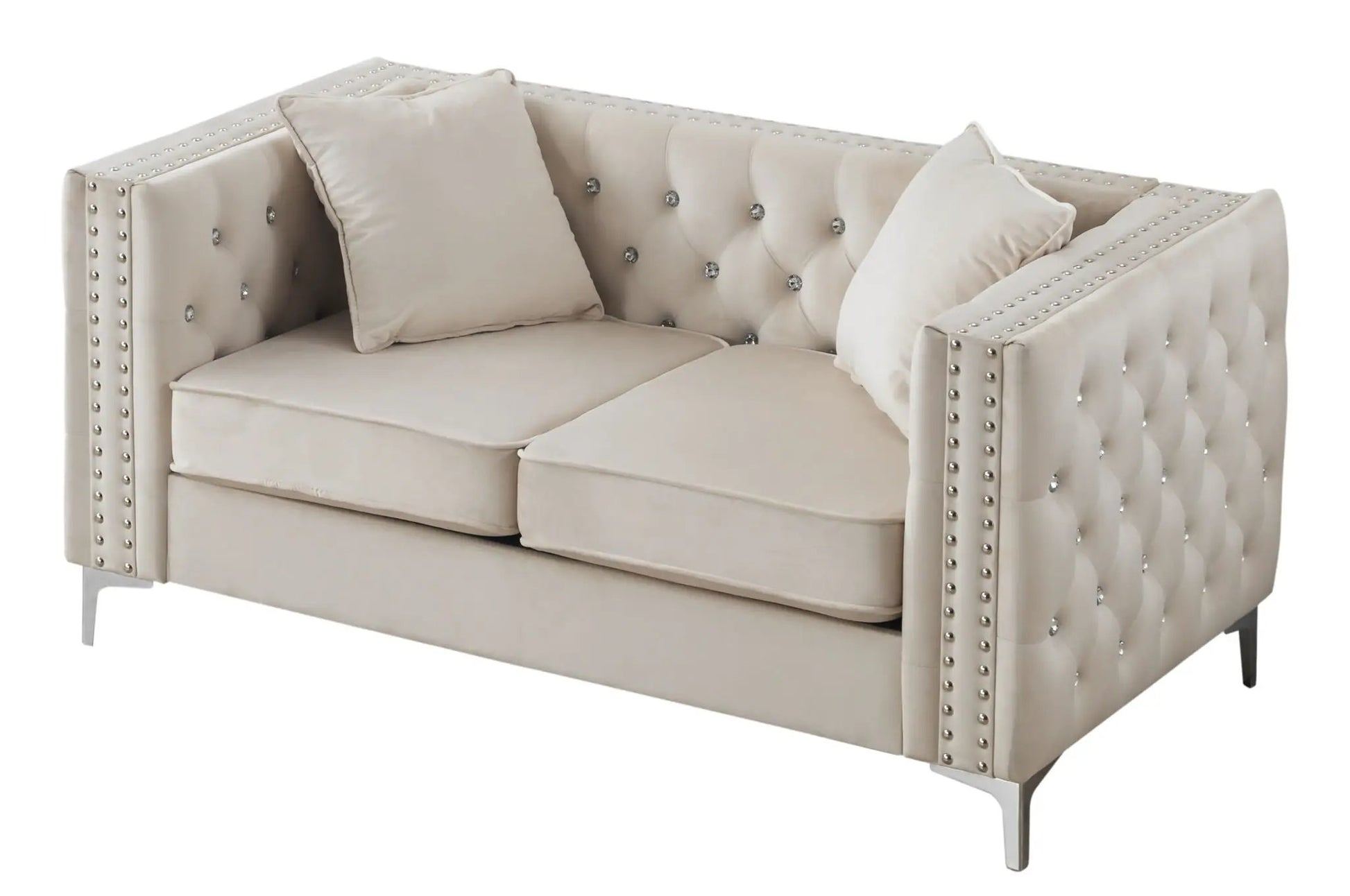 Elegant Track Arm Loveseat beige tufted upholstery with crystal buttons and nailhead trim on Tampa Home & Garden Store