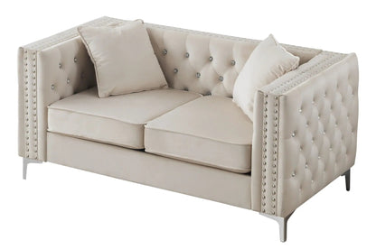 Elegant Track Arm Loveseat beige tufted upholstery with crystal buttons and nailhead trim on Tampa Home & Garden Store