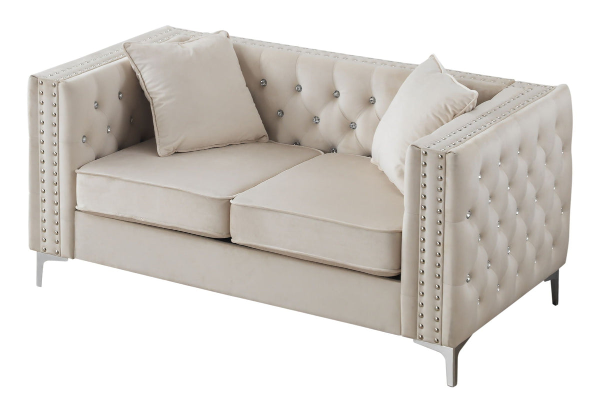 Elegant track-arm loveseat in beige tufted micro suede with nailhead trim HouseOfZazla on Tampa Home & Garden Store