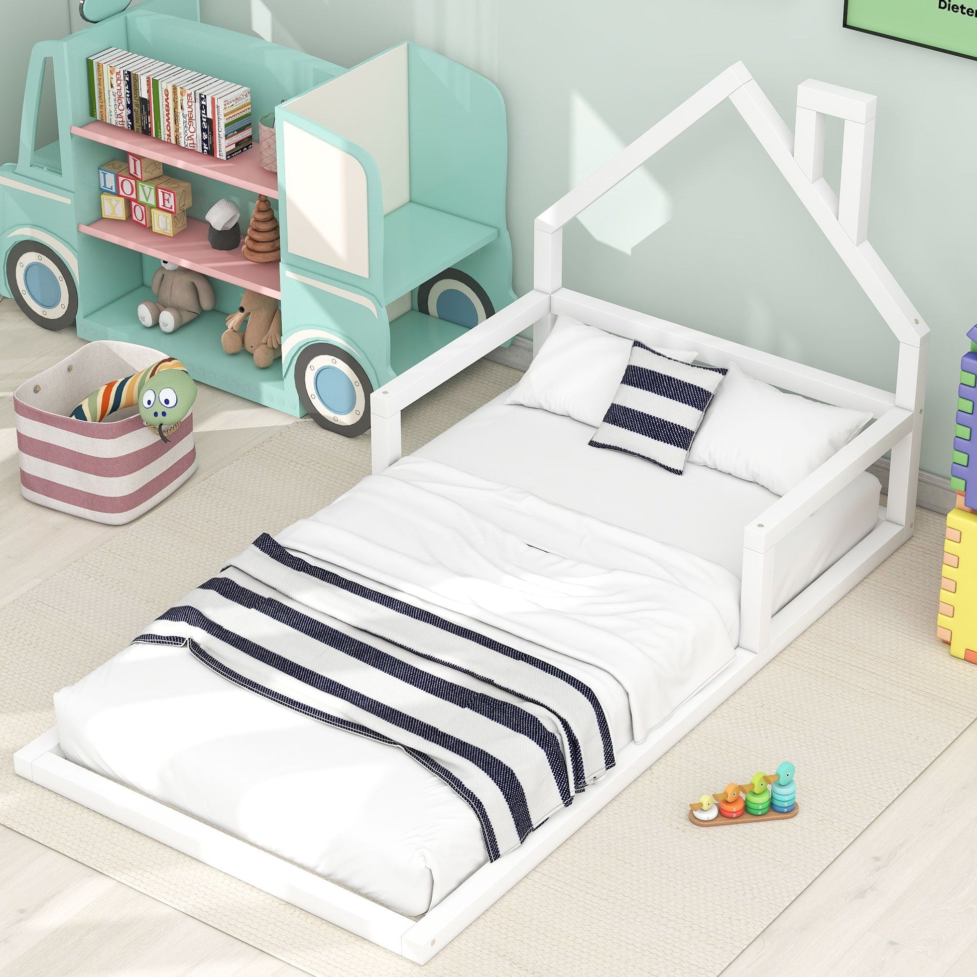 Floor bed with house-shaped headboard in teal, HouseOfZazla platform bed frame on Tampa Home & Garden Store