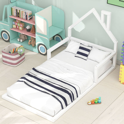 Floor bed with house-shaped headboard in teal, HouseOfZazla platform bed frame on Tampa Home & Garden Store