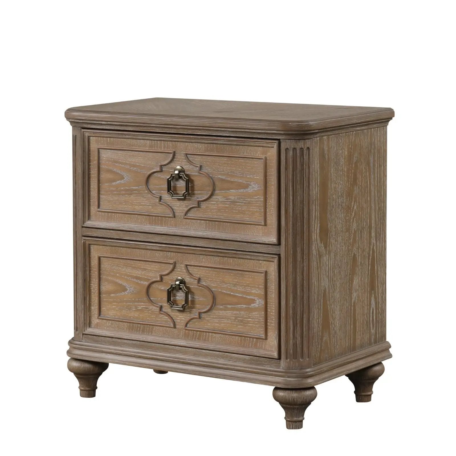 Oak rustic accent nightstand with two framed drawer fronts and ornate metal pulls on Tampa Home & Garden Store