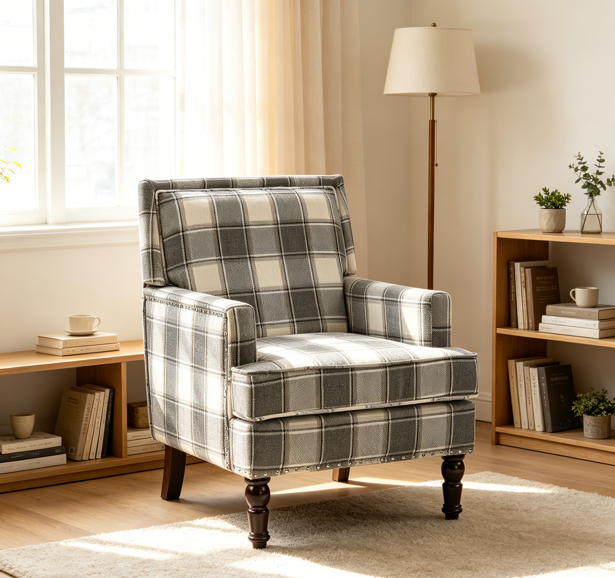 Upholstered Accent Chair with gray plaid fabric and solid wood legs, HouseOfZazla on Tampa Home & Garden Store
