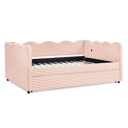 Full size cozy gingham daybed with twin size trundle in orange/white check fabric HouseOfZazla on Tampa Home & Garden Store