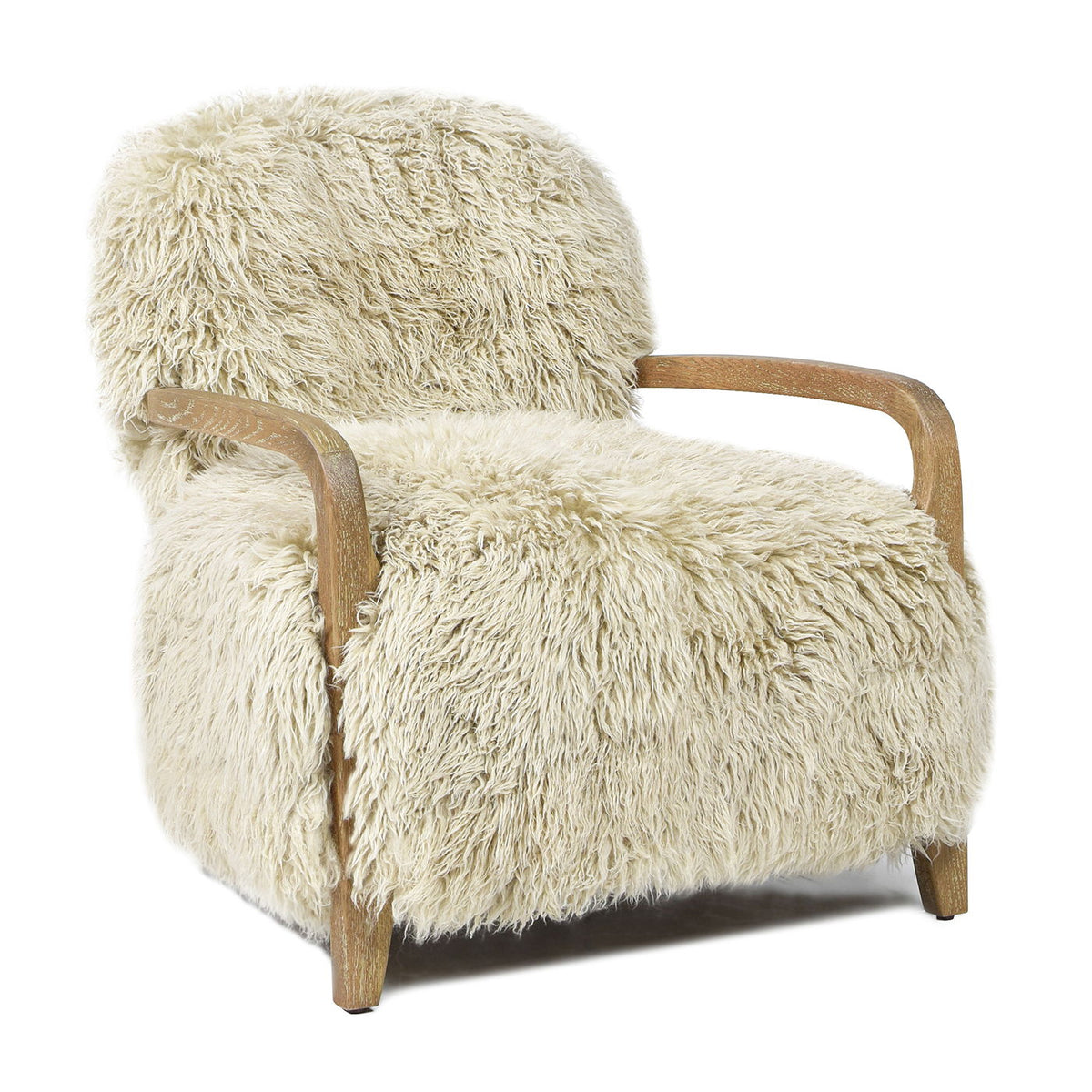 New Zealand Sheepskin Accent Arm Chair with Oak Arms in taupe natural plush fur on Tampa Home & Garden Store