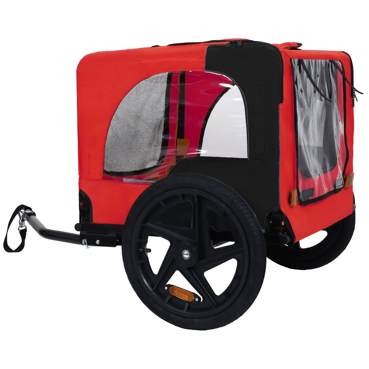 Pet bike trailer for dogs, red fabric with clear window panels, black frame and wheels on Tampa Home & Garden Store
