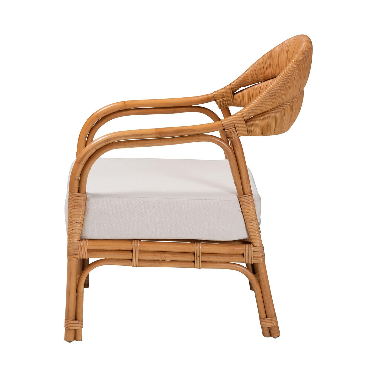 Honey Rattan Accent Chair with woven back and white cushion on Tampa Home & Garden Store