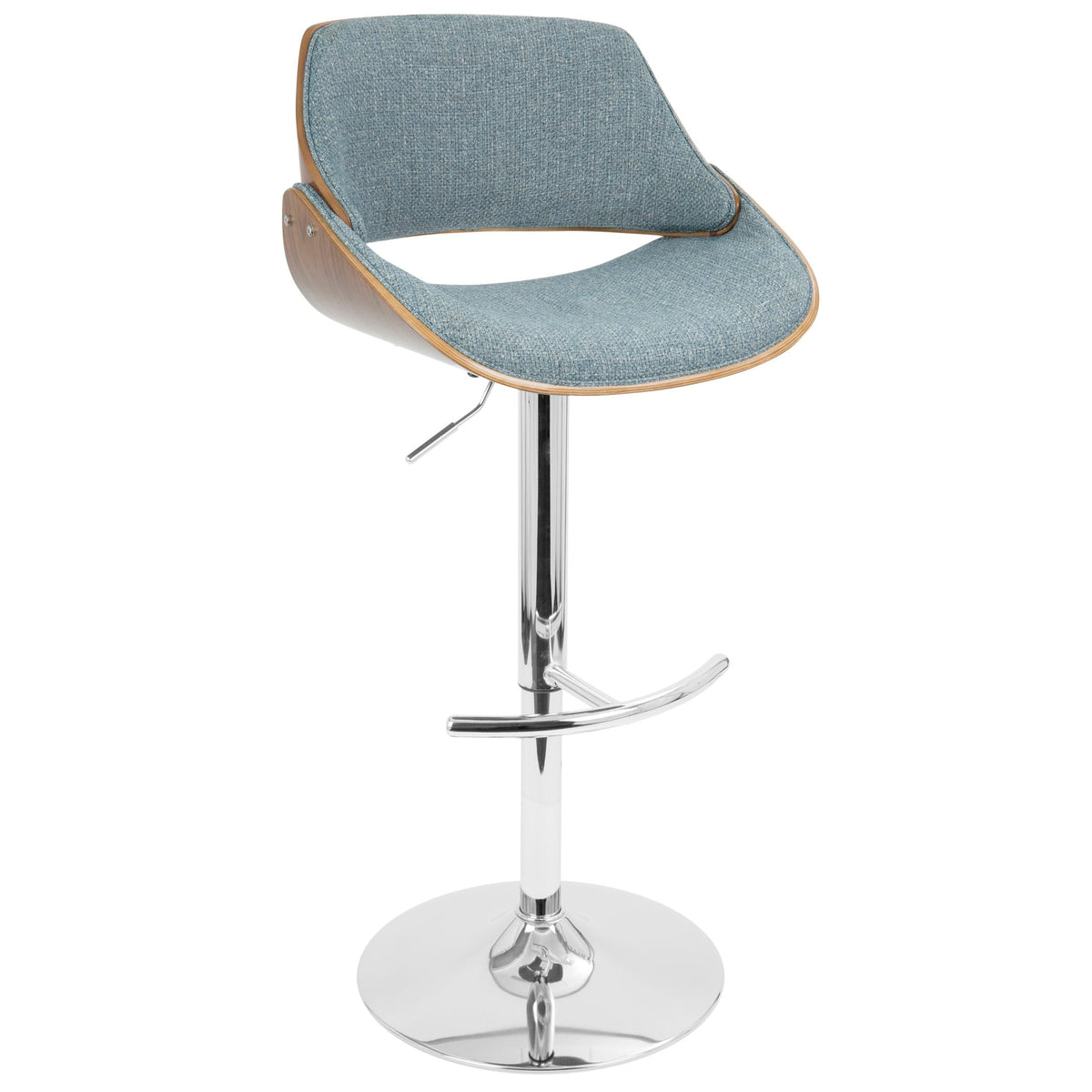 Mid Century Modern adjustable swivel barstool with blue fabric seat and chrome base on Tampa Home & Garden Store