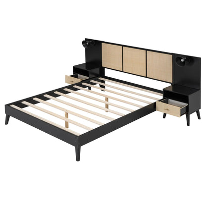 Bed frame with two nightstands and lamps, black metal frame, beige upholstered headboard panels on Tampa Home & Garden Store
